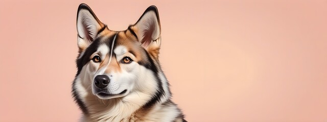 Studio portraits of a funny West Siberian Laika dog on a plain and colored background. Creative animal concept, dog on a uniform background for design and advertising.