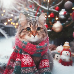 Christmas Cat: Cat with a Scarf in a Winter Landscape