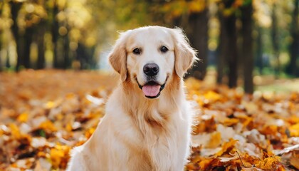  Golden Retriever basking in the glow of autumn leaves in a peaceful park setting