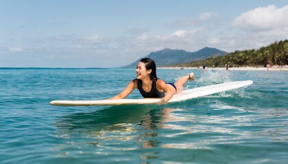 Energetic surfer girl paddling on her board, ready to catch the waves under the sunny sky