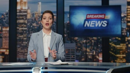 Woman host presenting newscast standing tv stage near screen. Lady breaking news