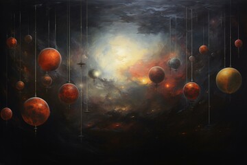 An assemblage of celestial bodies hanging in the firmament amidst cloud cover and stellar luminosity. Generative AI