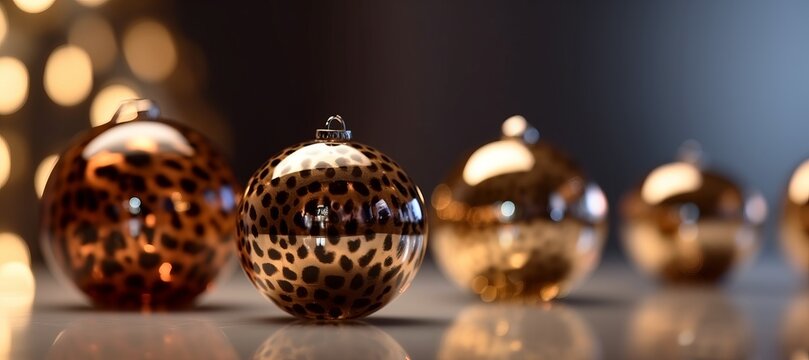 Leopard print decorative Christmas balls. Generative AI