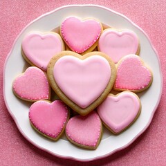 Obraz premium Valentine cookies, The pink hearts cookies, Valentine's Day cookies background. top view