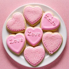 Obraz premium Valentine cookies, The pink hearts cookies, Valentine's Day cookies background. top view