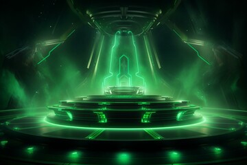 Futuristic green podium with smoke and neon lights on an alien-like stage. Generative AI