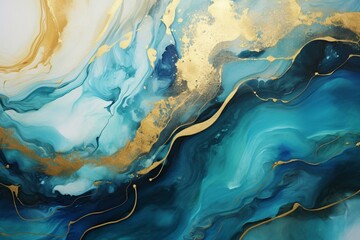 Mesmerizing fluid patterns in teal and blue hues blended with gold dust, forming an abstract acrylic pour artwork. Generative AI