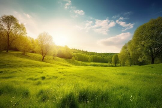 Serene nature landscape with lush meadow, perfect for relaxation, depicting spring or summer atmosphere. Generative AI