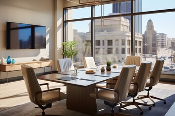 Contemporary meeting space with furnishings, windows overlooking the city, natural light. Sleek boardroom. Generative AI