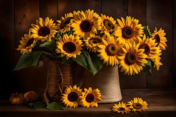 sunflowers in a vase on a wooden table, A luscious, vibrant bouquet of fresh sunflowers and daisies, each bloom a burst of color and life, tightly bound together with a rustic jute twine