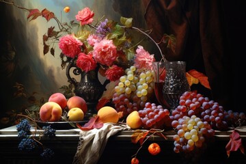 still life with fruits and flowers