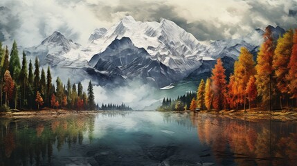3d rendering wall painting snow covered mountains - obrazy, fototapety, plakaty