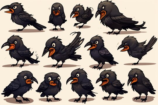 Chibi Art Style Crows In Different Poses Streaming Emotes