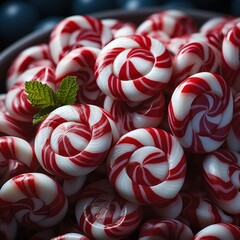 a bowl piled with red and white peppermints. Christmas spiral candy canes. generative ai