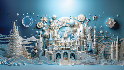 winter castle, snow Queen castle, winter theme paper cut inspired illustration with Christmas trees.