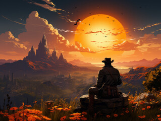 Western Sunset: Lone Cowboy Reflecting on Vast American Landscape - obrazy, fototapety, plakaty