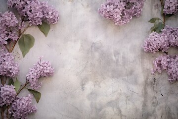 Lilac flowers and leaves on white wall