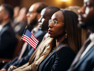 Naturalization Ceremony with American Flag and Diverse Crowd