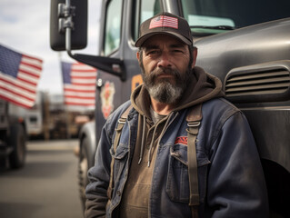 Patriotic Truck Driver with American Flag in the Background