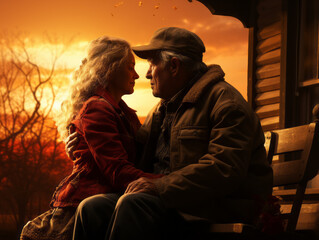 Intimate Sunset Embrace on Porch Swing with Elderly Couple