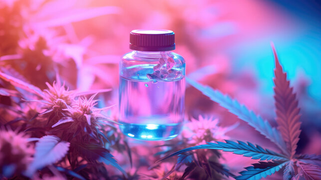 Glass bottle of hemp oil with green cannabis leaves. Mockup container of oil for cosmetic, medicinal and culinary purposes. 