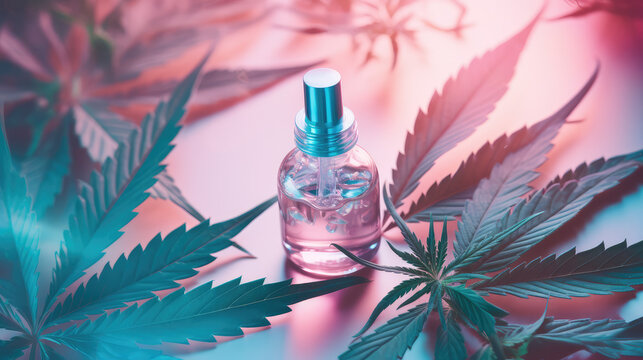 Glass bottle of hemp oil with green cannabis leaves. Mockup container of oil for cosmetic, medicinal and culinary purposes. 