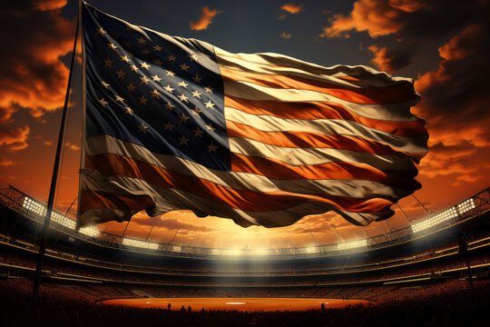 Elderly Couple and American Flag on Porch at Sunset