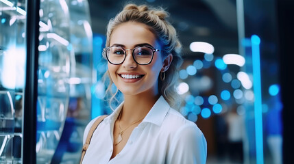 Portrait of a young smiling woman wearing glasses near a showcase with glasses in an optical store. Medical vision correction, optics. - obrazy, fototapety, plakaty