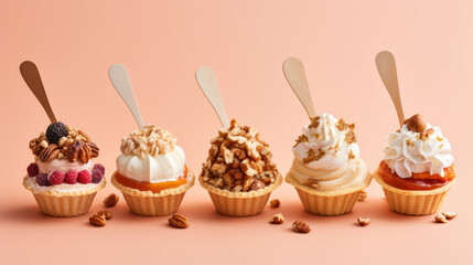 Small butterscotch pies with cinnamon, nuts, whipped cream swirl isolated on flat pastel background with copy space. Assortment of different Cute shortbread cupcakes with different fillings.