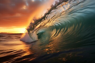 A vibrant sunset illuminates a tumultuous ocean wave. Generative AI