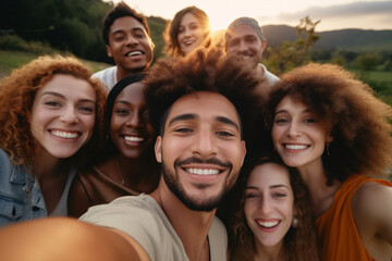 Obraz premium Diverse group of young adult friends taking a group selfie together, smiling in the camera