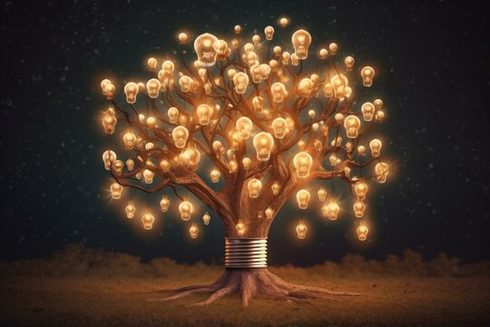 Image depicts a tree made of lightbulbs symbolizing saving the world. Generative AI
