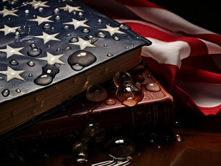 Patriotic American Flag and Vintage Books on Water Droplet Table