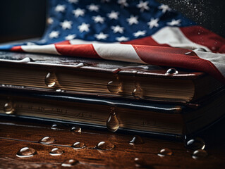 American Flag and Vintage Books on Water Droplet-Covered Table