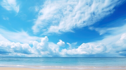 Blue sky with clouds above the sea background - obrazy, fototapety, plakaty