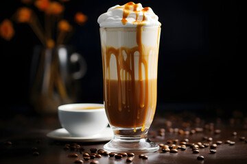 A close-up of a creamy caramel macchiato, with layers of espresso, foamed milk, and a drizzle of caramel sauce, served in a tall glass mug. Ai Generated.NO.03