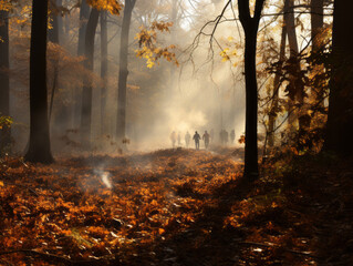 Fototapeta na wymiar Autumn Forest Civil War Reenactment by Students