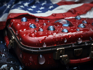 Water Droplet Embellished American Flag on Vintage Suitcase