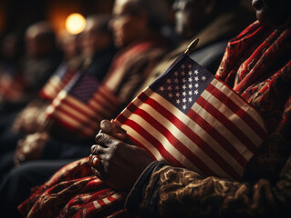 Folded American Flag at Veterans Service in Soft Lighting