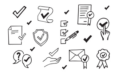 check mark. done. done. work. purpose. mark. search. vector. on a white background. doodle.
