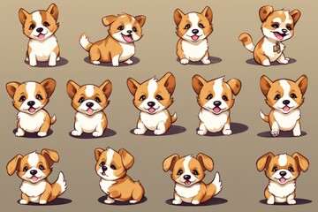 Chibi Art Style Corgi Dog in different poses Streaming Emotes