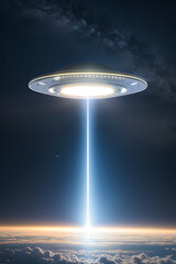 Alien UFO - Unidentified Flying Object flying in the sky with a beam of light coming down from it, Sci Fi book cover idea. Close encounter with Extraterrestrial Aliens
