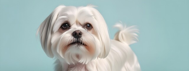 Studio portraits of a funny Maltese dog on a plain and colored background. Creative animal concept, dog on a uniform background for design and advertising. - obrazy, fototapety, plakaty