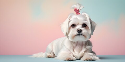 Studio portraits of a funny Maltese dog on a plain and colored background. Creative animal concept, dog on a uniform background for design and advertising.