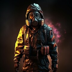 A surviving stalker in protective clothing and a neon gas mask, illustration, art