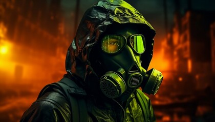 A surviving stalker in protective clothing and a neon gas mask, illustration