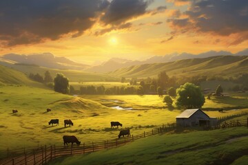 Summer country scenery with cattle, farmland, and golden field, sunrise over hills. Generative AI