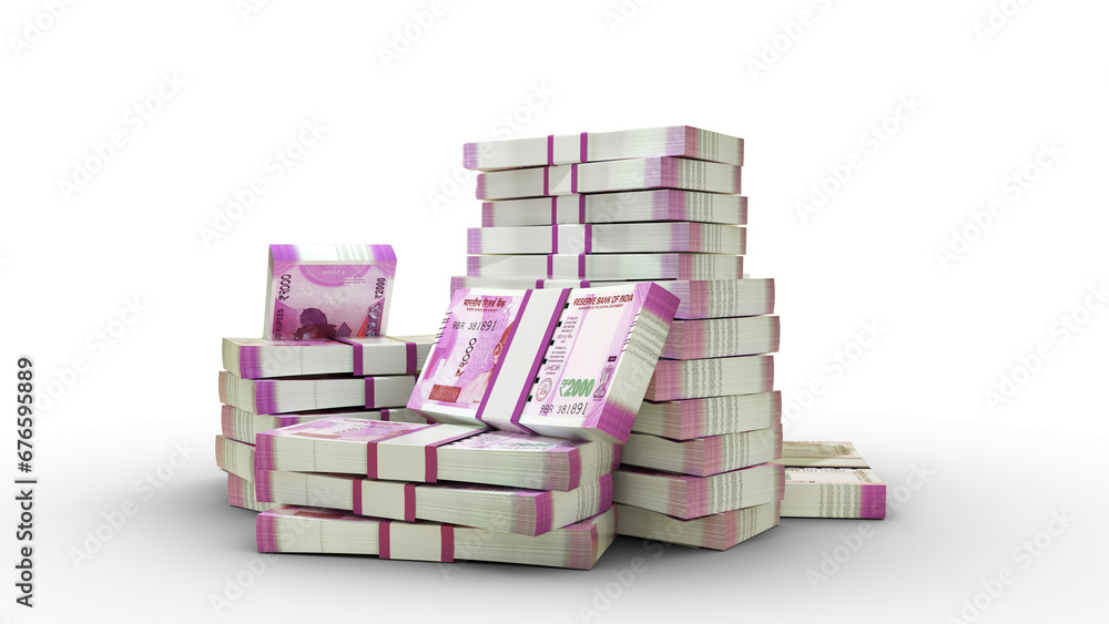 Poster 3d rendering of stacks of 2000 indian rupee notes. bundles of indian currency notes isolated on tran