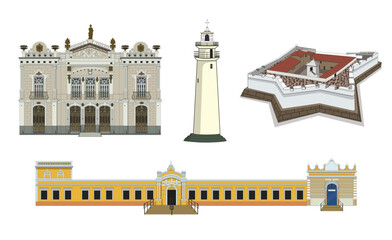Vector set of famous places in the city of Natal, Rio Grande do Norte, Brazil. This set contains a theater, the Mother Luiza's Lighthouse , a famous  fortress and a Tourism Center of the city