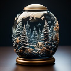 Christmas snowglobe, pine trees, and a small cabin, isolated on black background, generative ai